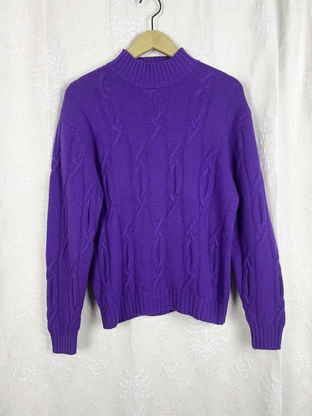 Vintage lambswool angora purple cable knit mock neck sweater Talbots stretch L